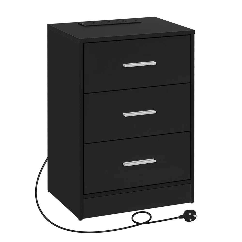 1/2x Bedside Table Cabinets w/ Charging Station Nightstand Storage Unit 3 Drawer