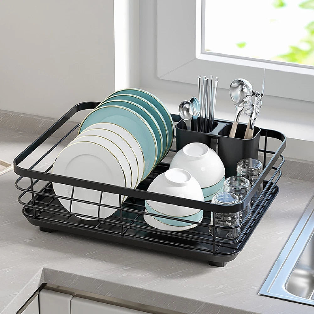 2 TIER KITCHEN SINK DISH DRAINER RACK WITH DRIP TRAY CUTLERY HOLDER PLATE RACK