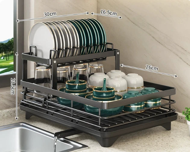 2 Tier Dish Drainer Rack Cutlery Holder Plate Rack Kitchen Sink with Drip Tray