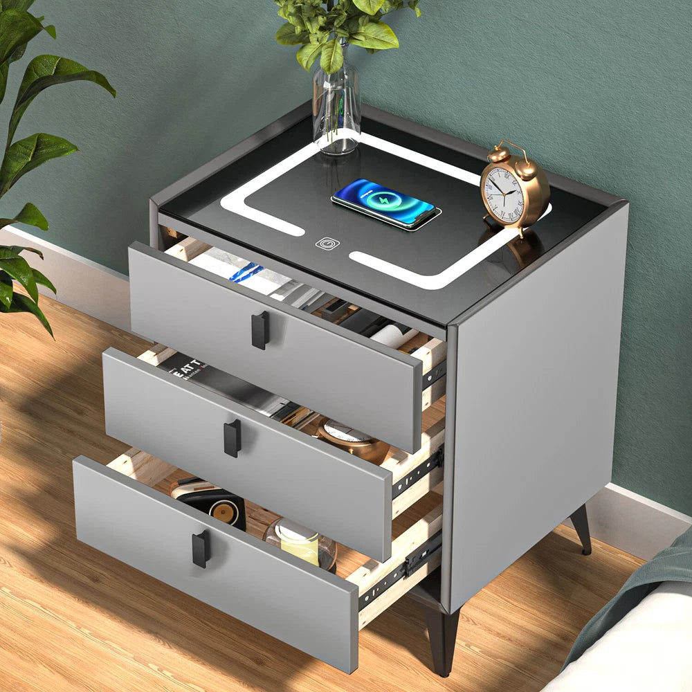 3 Drawers LED Bedside Table Wireless Charging Nightstand Bedside Cabinet Grey