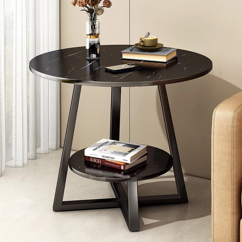 2-Tier Coffee Table Side Table White Marble Effect End Table LivingRoom Round