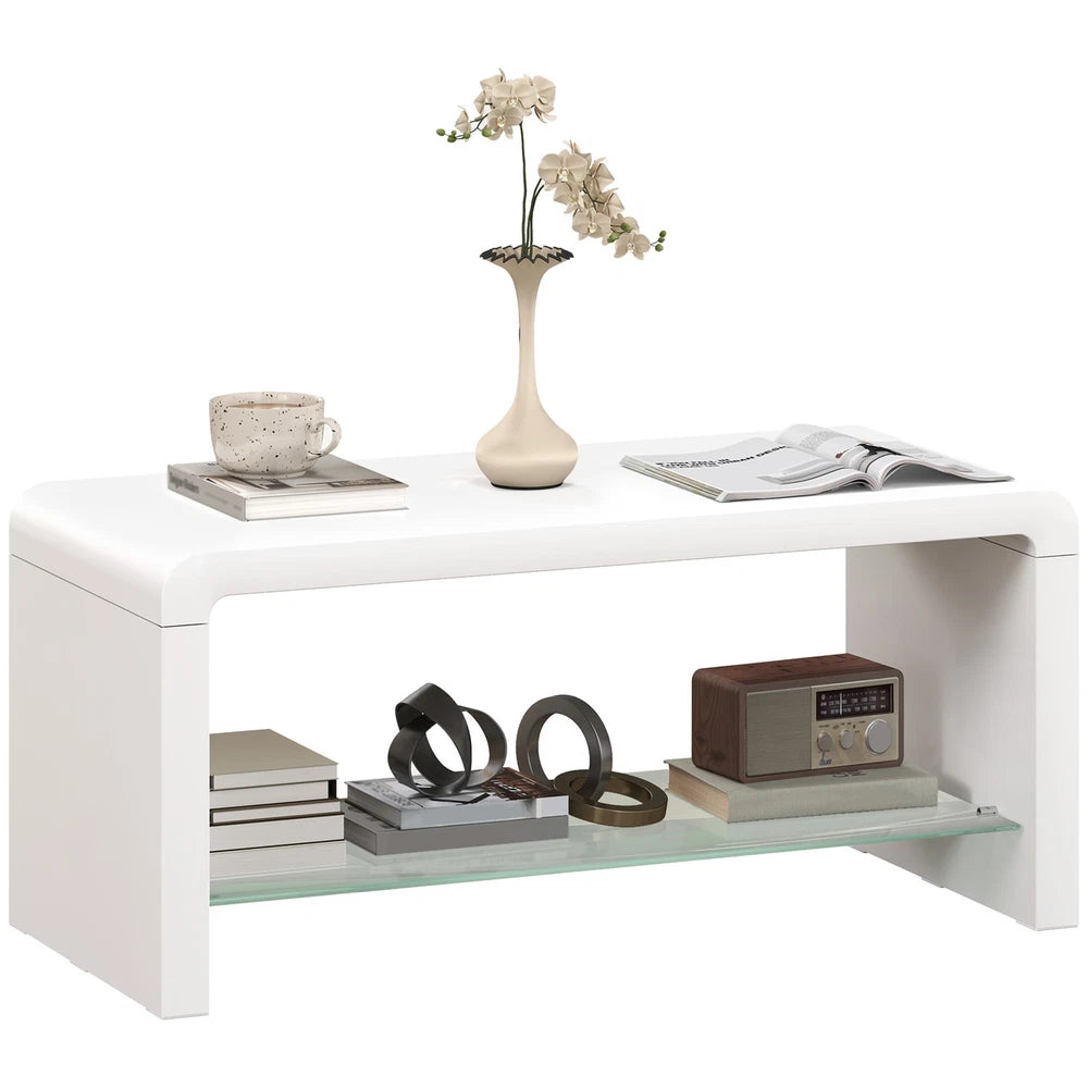 High Gloss Coffee Table with Glass Shelf, Two-Tier Living Room Table, White