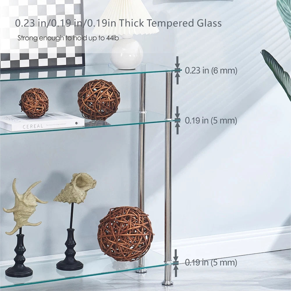 3 Tier Narrow Clear Tempered Glass Console Table Storage Shelf Stainless Steel