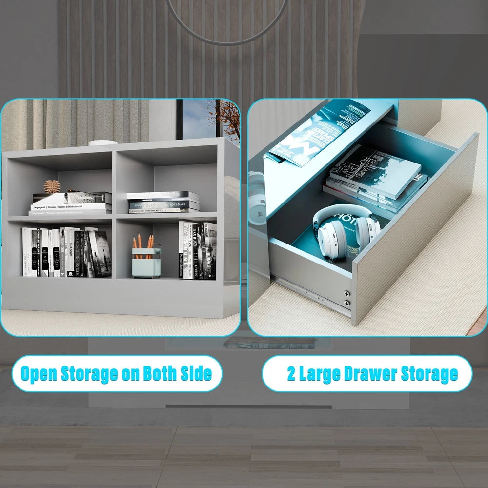 LED Coffee Table Wooden 2 Drawer Storage High Gloss Modern Living Room Furniture