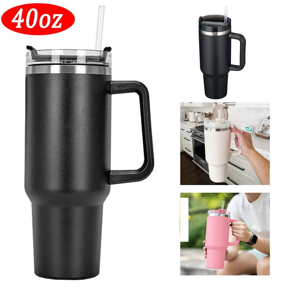 40 Tumbler Straw Lid Insulated Stainless Steel Water Bottle Coffee Mug Travel L