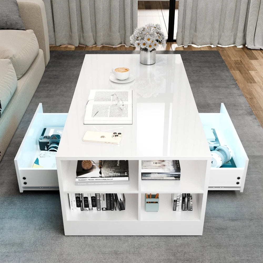 LED Coffee Table Wooden 2 Drawer Storage High Gloss Modern Living Room Furniture