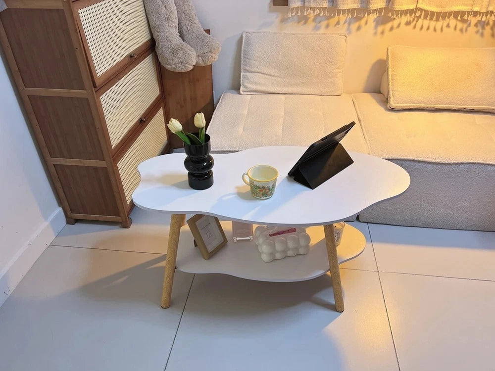 2 Layer Coffee Table Tea Table Cloud Modern Living Room Desk W/ Storage Shelf