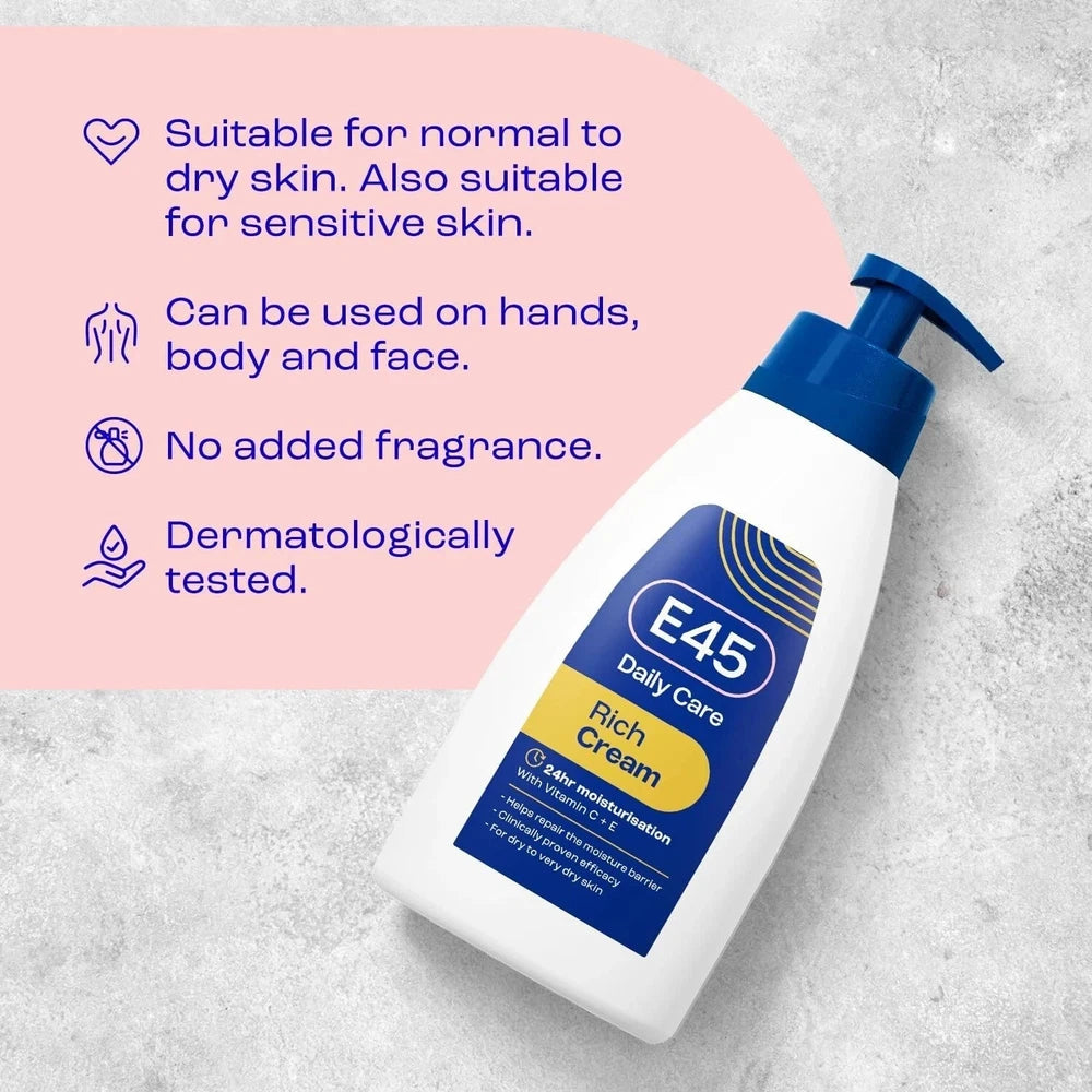 E45 Rich Moisturising Cream with Vitamin C & E For Daily Care  – 400ml