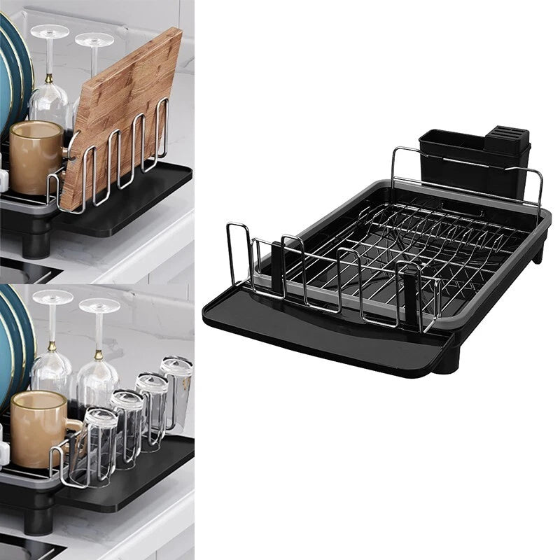 2 TIER KITCHEN SINK DISH DRAINER RACK WITH DRIP TRAY CUTLERY HOLDER PLATE RACK