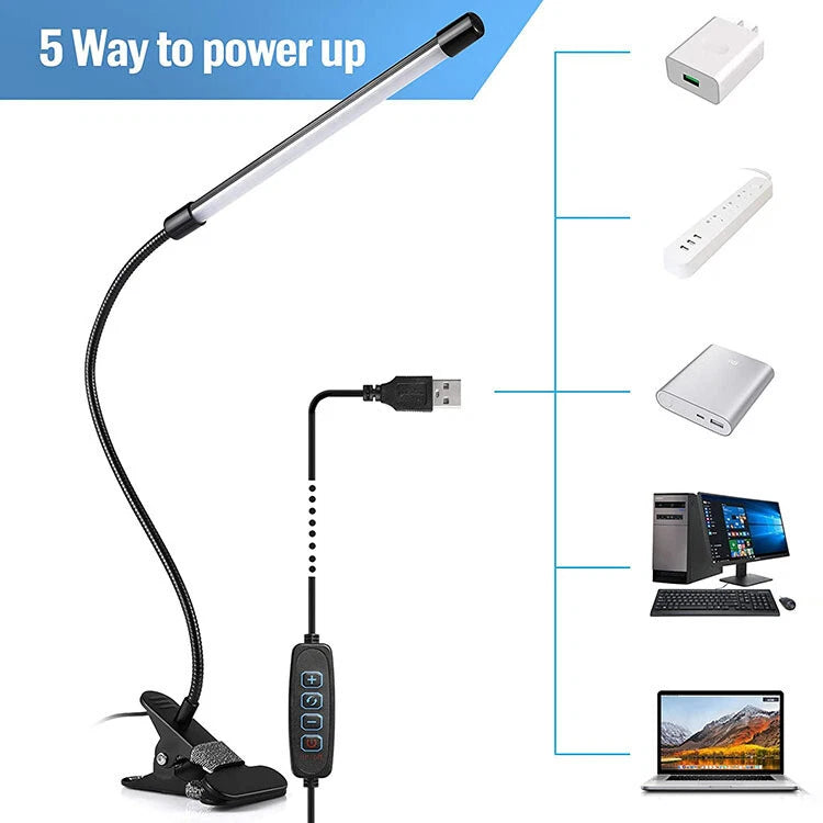 USB Clip On Desk Lamp Flexible Clamp Reading Light LED Bed Table Bedside Night.