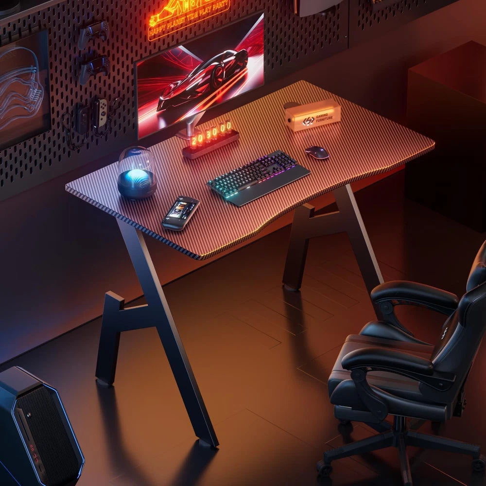 Gaming Desk Computer Gaming Table w/ Mouse Pad Cup Holder & Headphone Hook Black