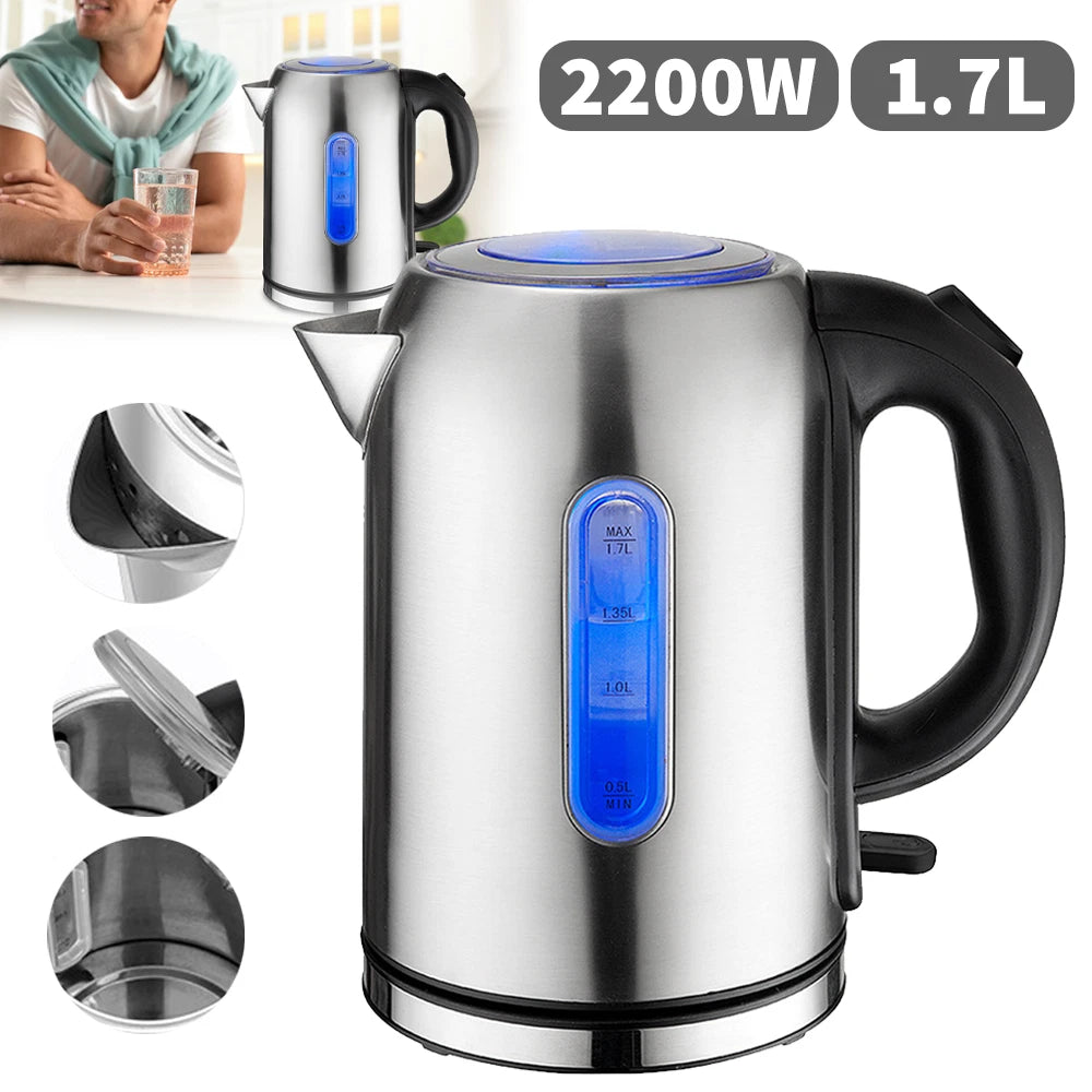 1.7L Electric Kettle Quiet Fast Boil Stainless Steel Jug Overheat Protect 2200W