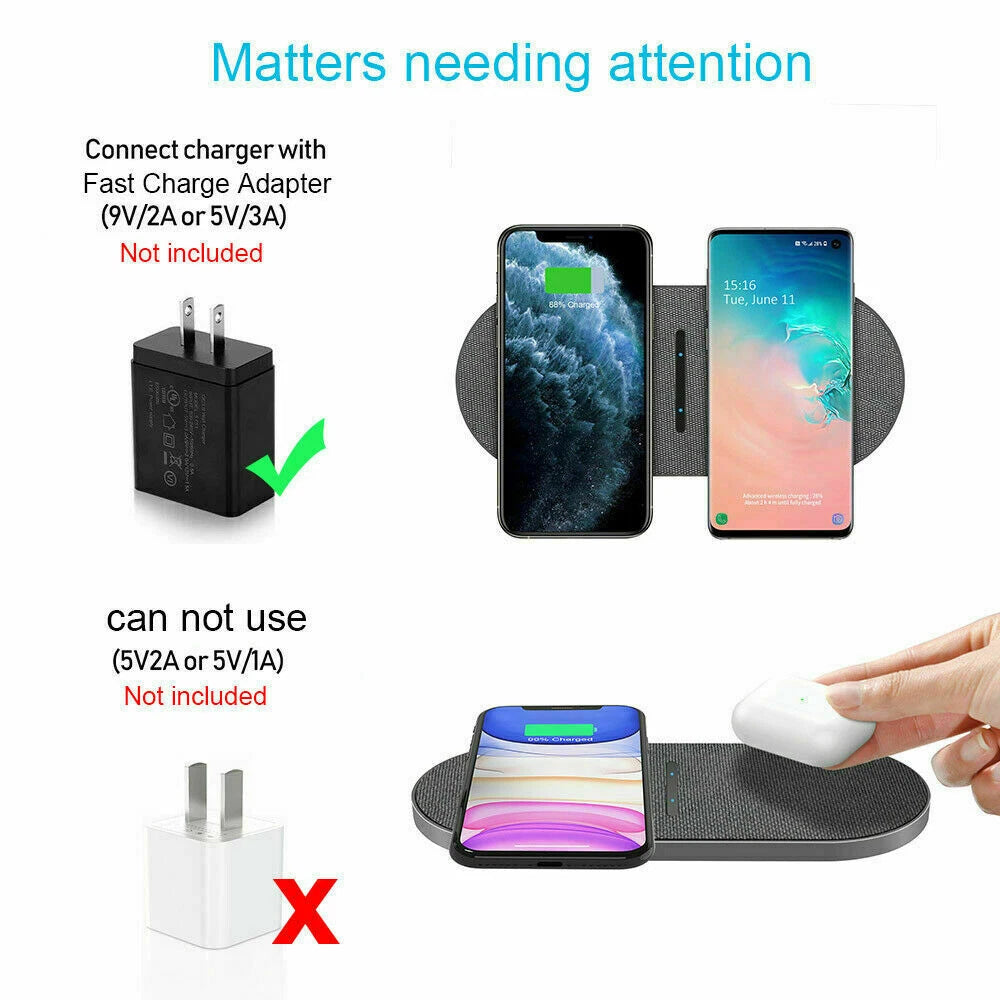 30W Dual Wireless Charger Pad Fast Charging Station For Apple iPhone/Samsung