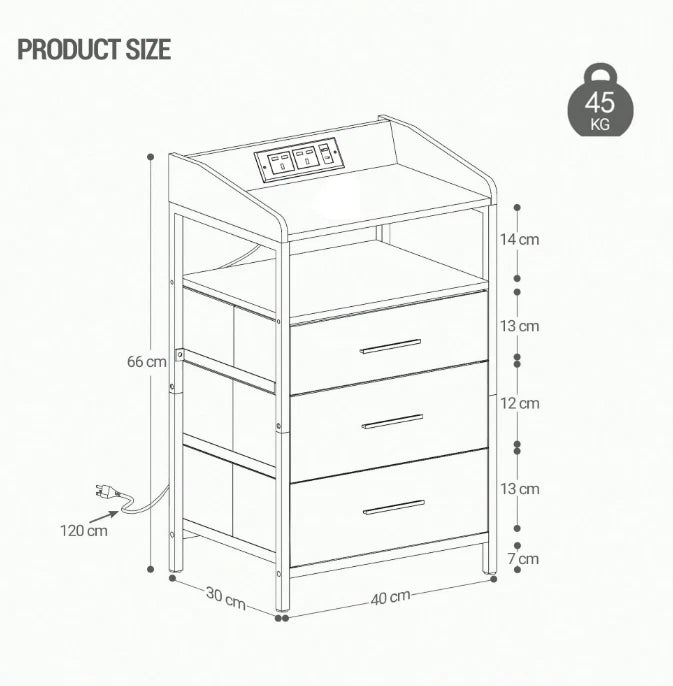 Bedside Table White LED Cabinets 3 Drawers Nightstand Bedroom W/Charging Station