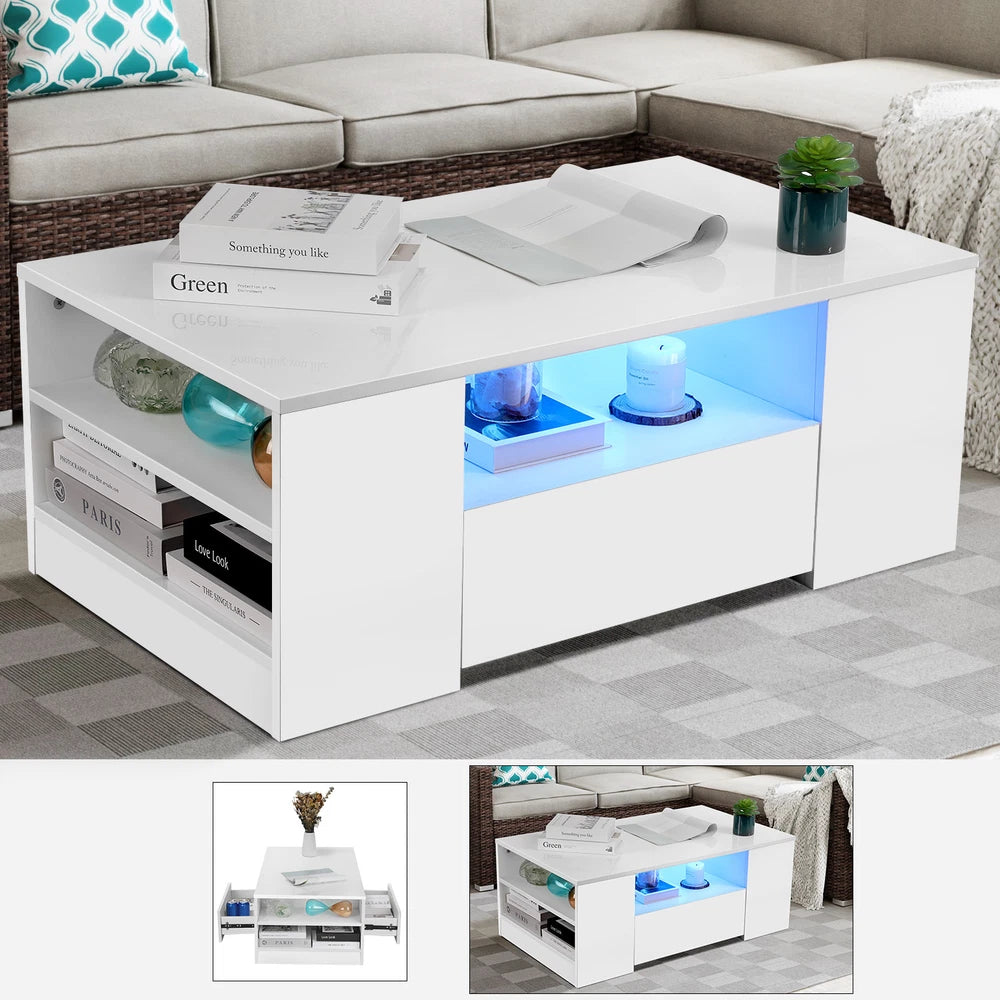High Gloss LED Coffee Table With Storage Wooden 2 Drawer Living Room Furniture