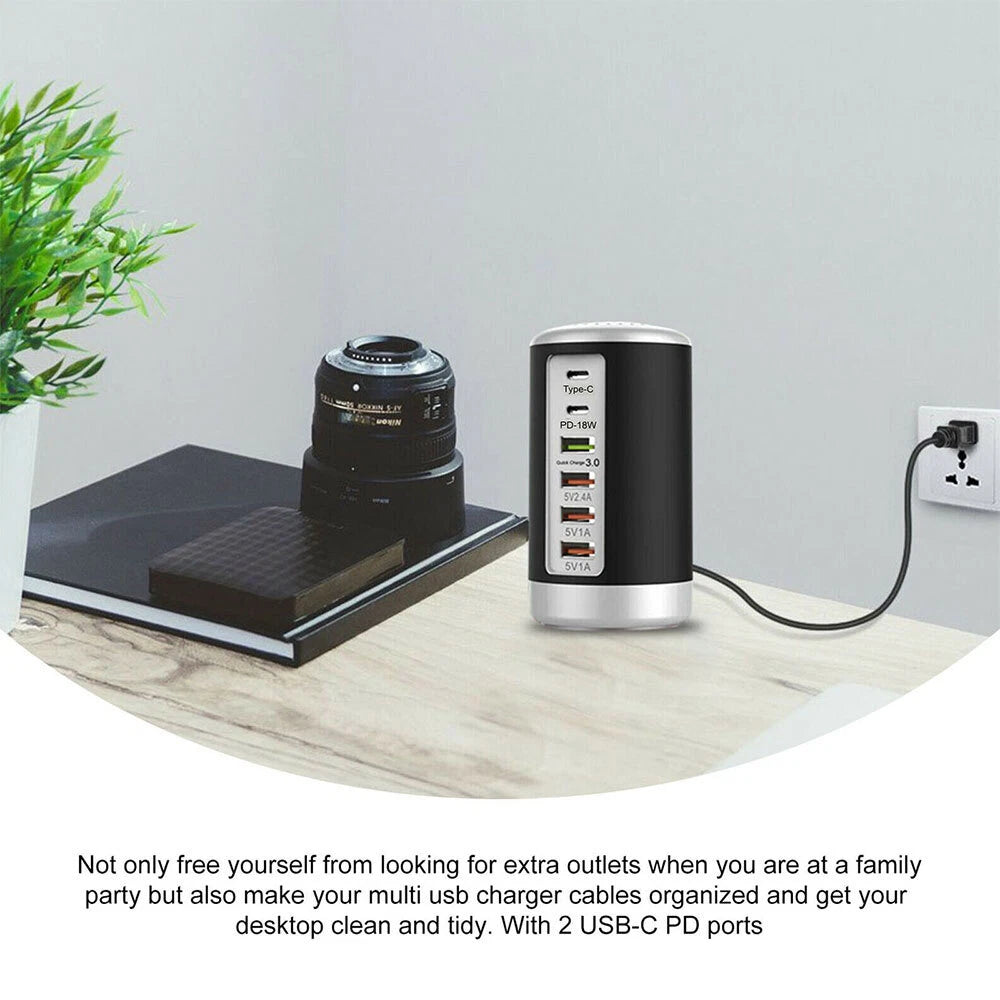 Multi 6 Port USB Charging Station Hub Tower Desktop Cell Phone Charger New Black