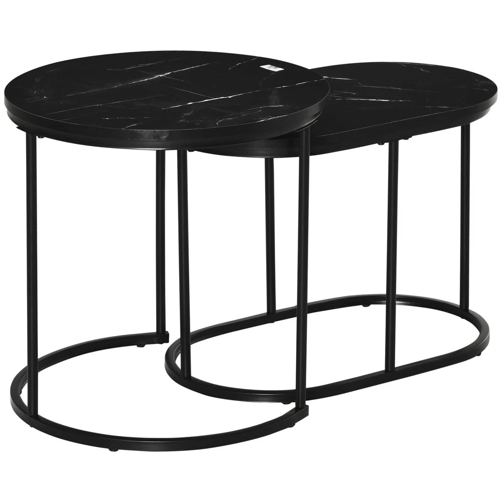 Coffee Table Set of 2 Modern Nest of Tables with Faux Marble Tabletop Black
