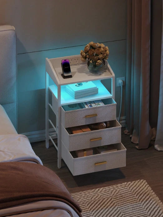 Bedside Table White LED Cabinets 3 Drawers Nightstand Bedroom W/Charging Station