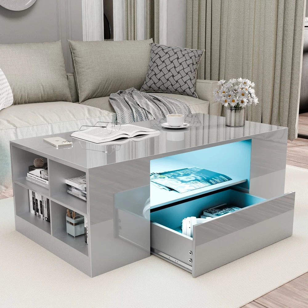 LED Coffee Table Wooden 2 Drawer Storage High Gloss Modern Living Room Furniture