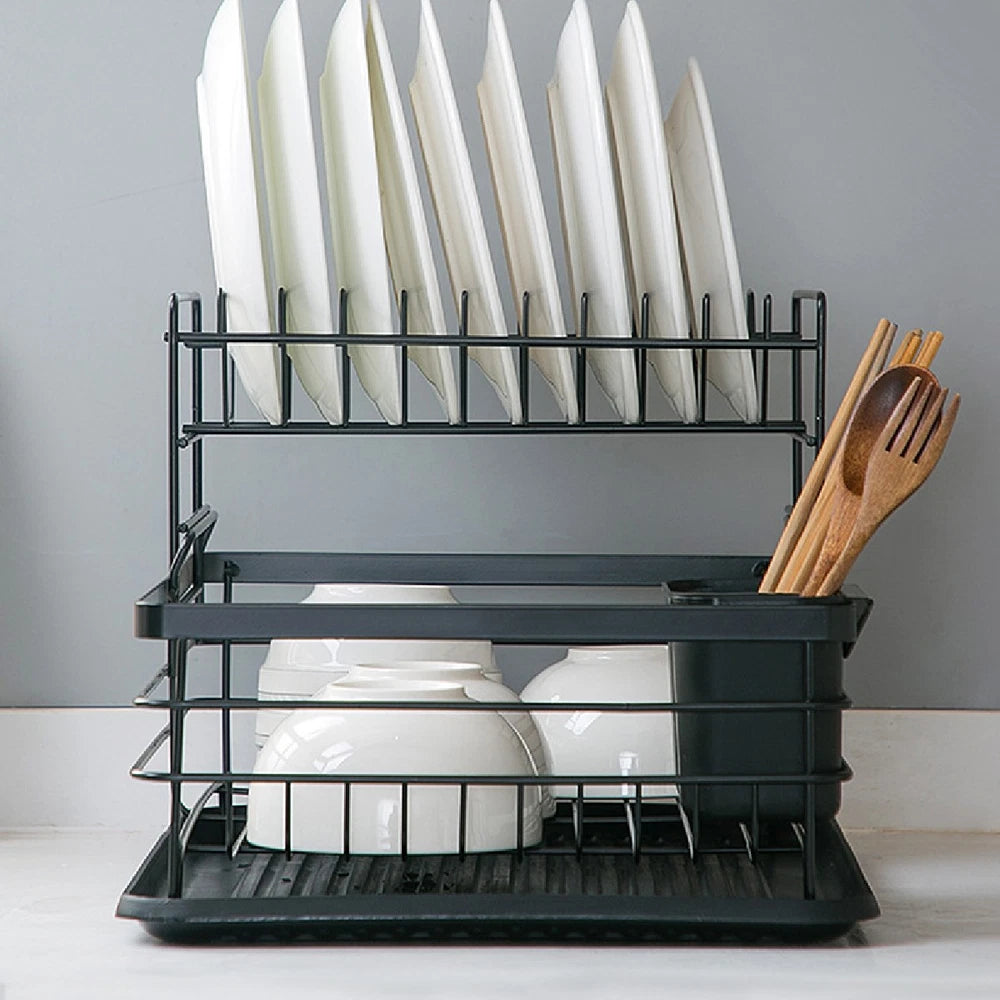 2-Tier Dish Drainer Rack with Drip Tray Cutlery Holder Plate Rack Kitchen Sink
