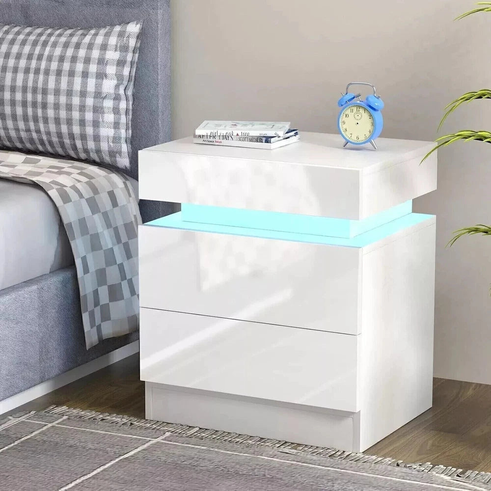 High Gloss 2/3 Drawer Bedside Table Cabinet LED RGB Light Storage Nightstand