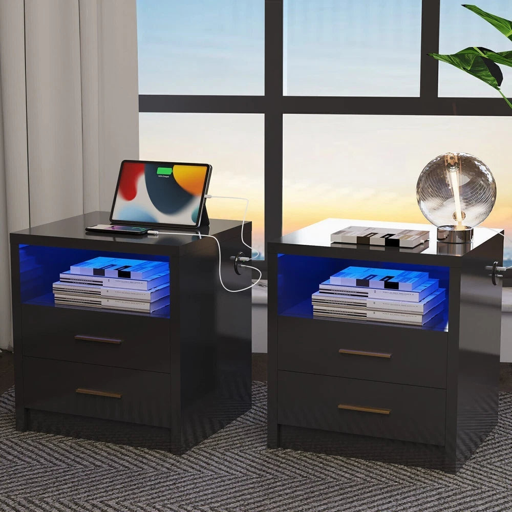 2/3 Drawers High Gloss Front Bedside Table Cabinet LED Nightstand With Charging