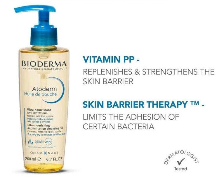Bioderma Atoderm Shower Oil 200ml Pump Bottle - Ultra-Nourishing Anti-Irritation