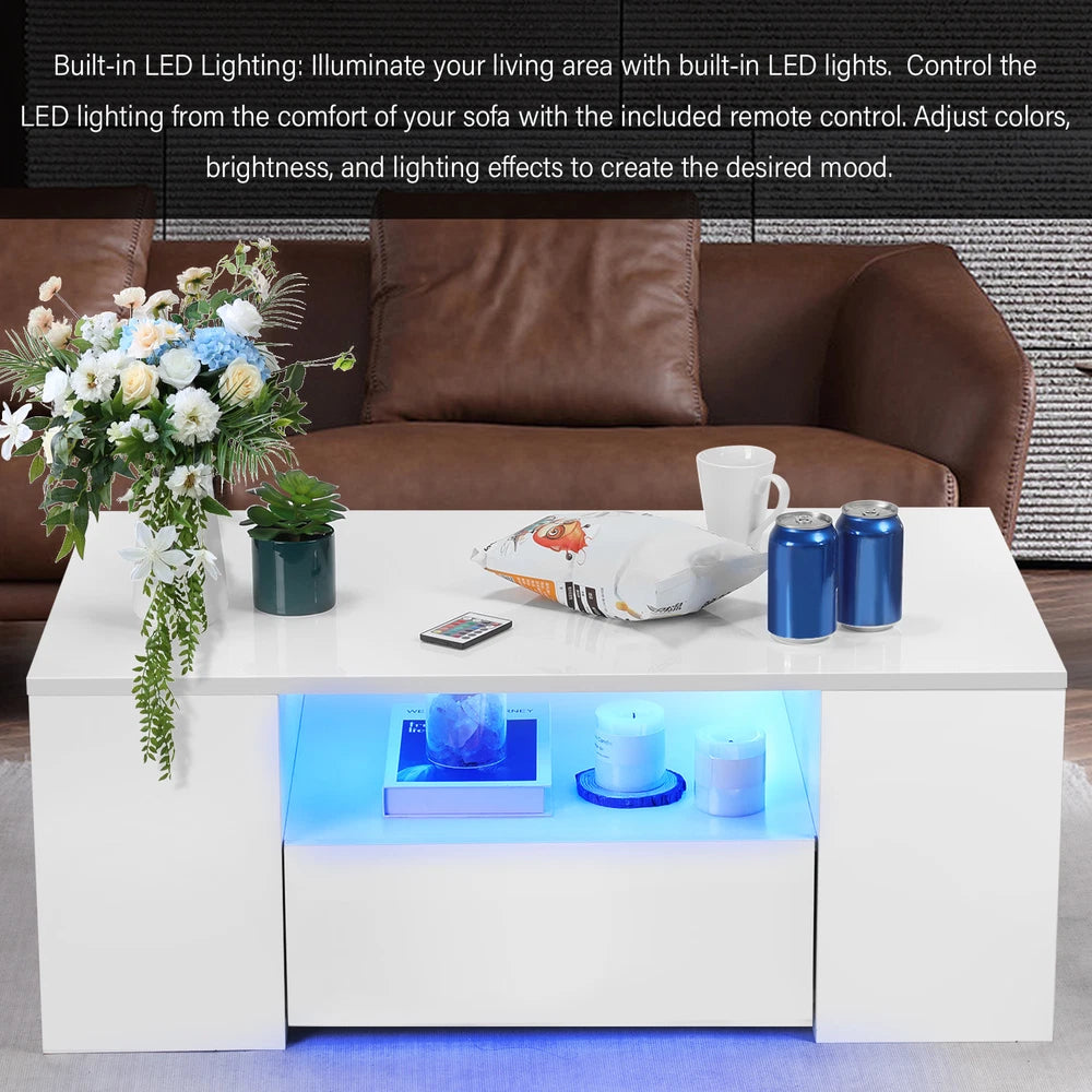 High Gloss LED Coffee Table With Storage Wooden 2 Drawer Living Room Furniture