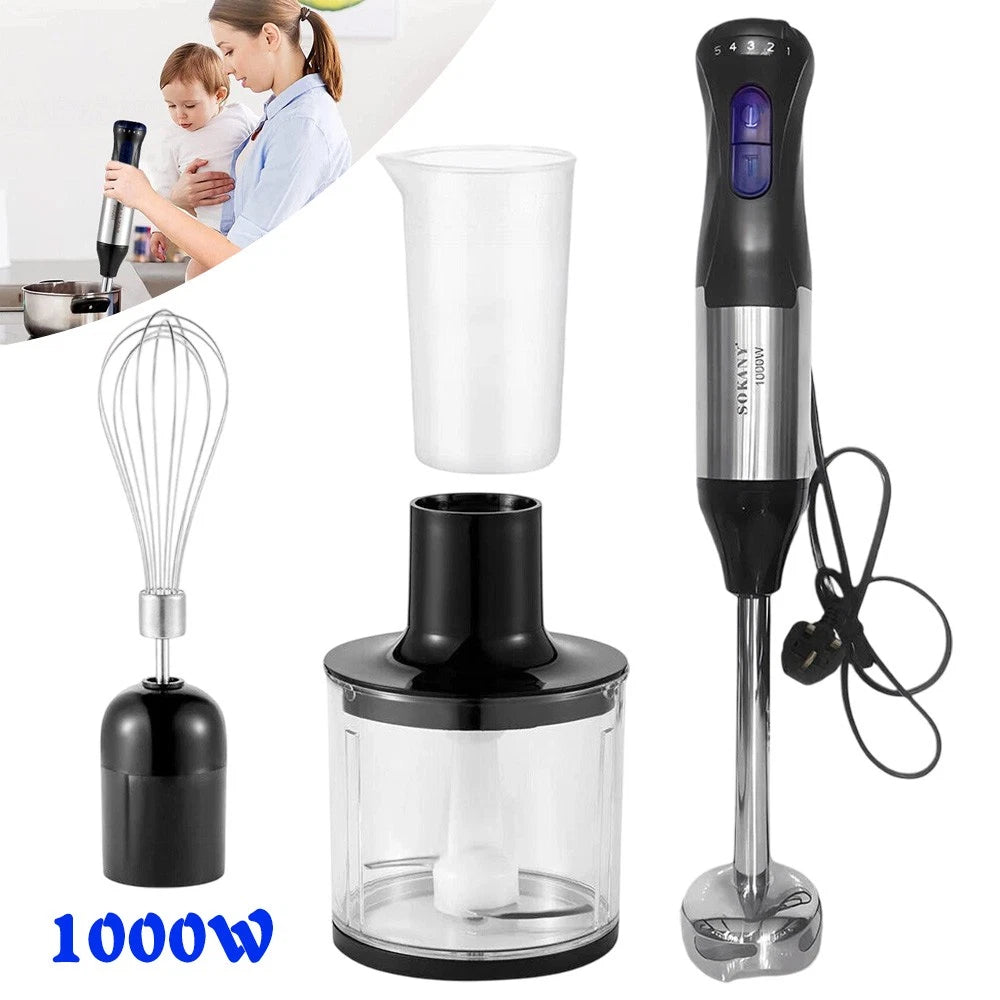 4 in 1 1000W 5 Speed Powerful Hand Held Electric Food Blender Mixer Stick UK