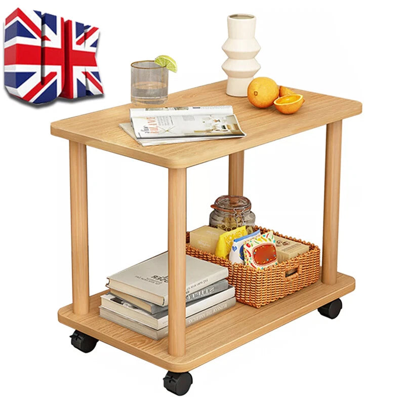 2 Layers Sofa Side Table with Wheels Coffee Snack Laptop End Tables Living Room