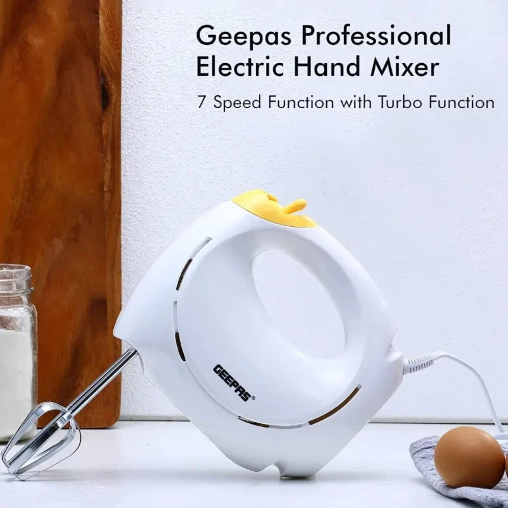 Geepas Electric Hand Food Mixer 7 Speeds & Turbo With Egg Beaters & Dough Hooks
