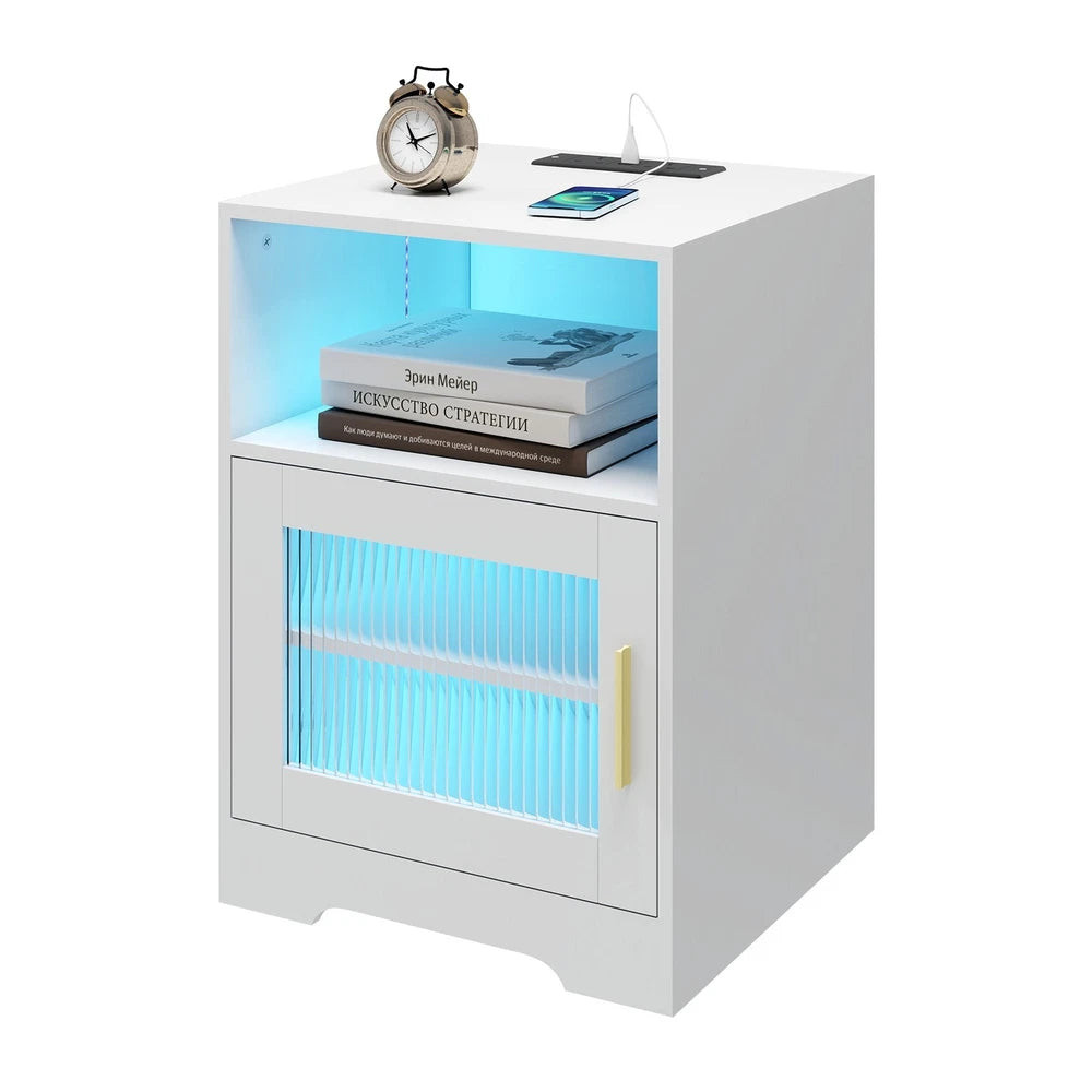 Bedside Table RGB LED 4 Tier Storage Cabinet Nightstand with Charging Station