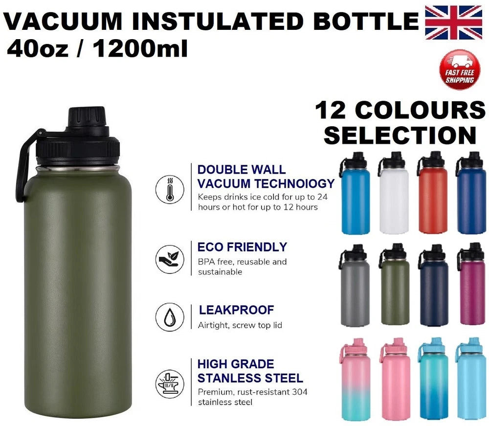 1.2L Water Flask Bottle Stainless Steel Double Wall Vacuum Insulated Thermal