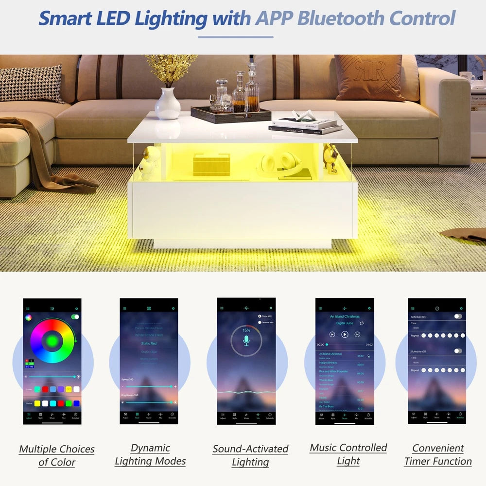Coffee Table with LED Square High Gloss White Storage Tea Table for Living Room