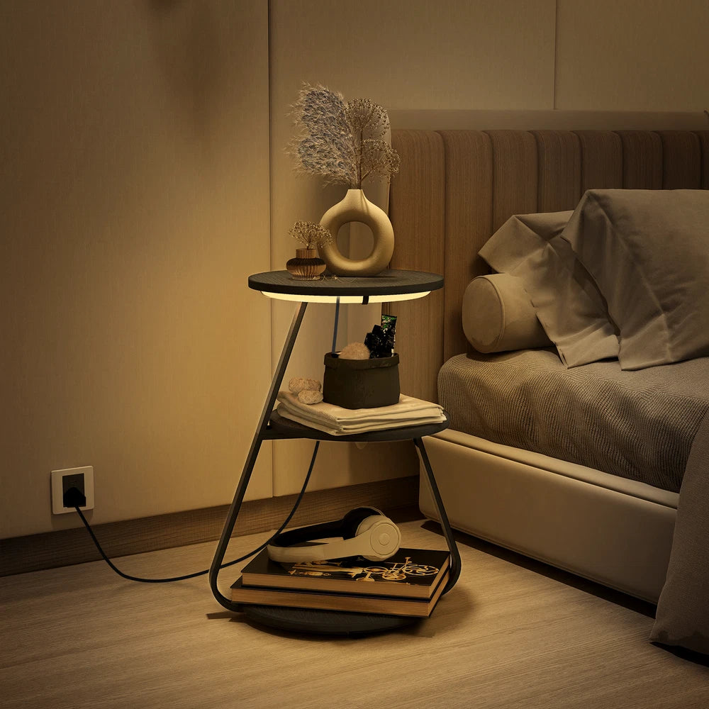 3-Tier Sofa Side Table LED Lighted Bedside Living Room End Table with Storage