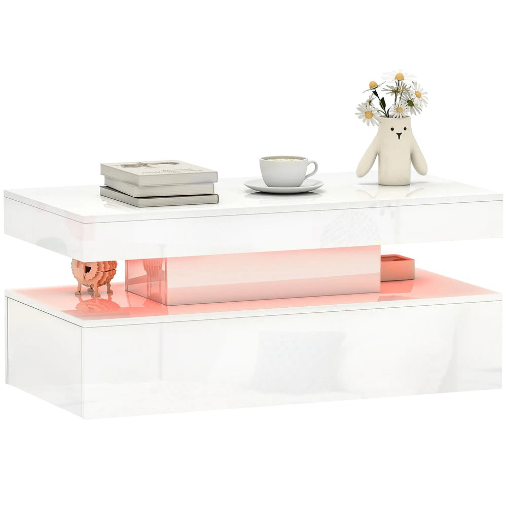 Coffee Table with LED Lights, High Gloss Living Room Table with 2 Drawers, White