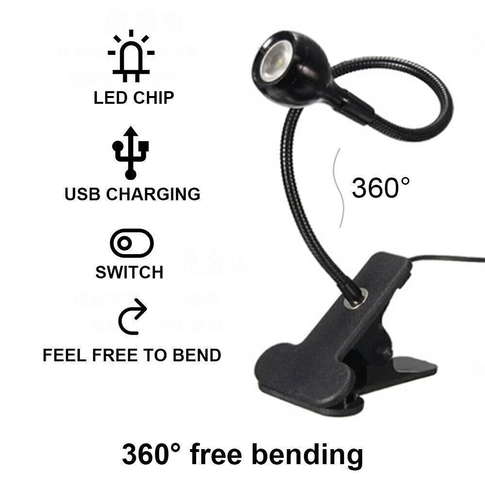 USB Clip On Desk Lamp Flexible Clamp Reading Light LED Bed Table Bedside Night