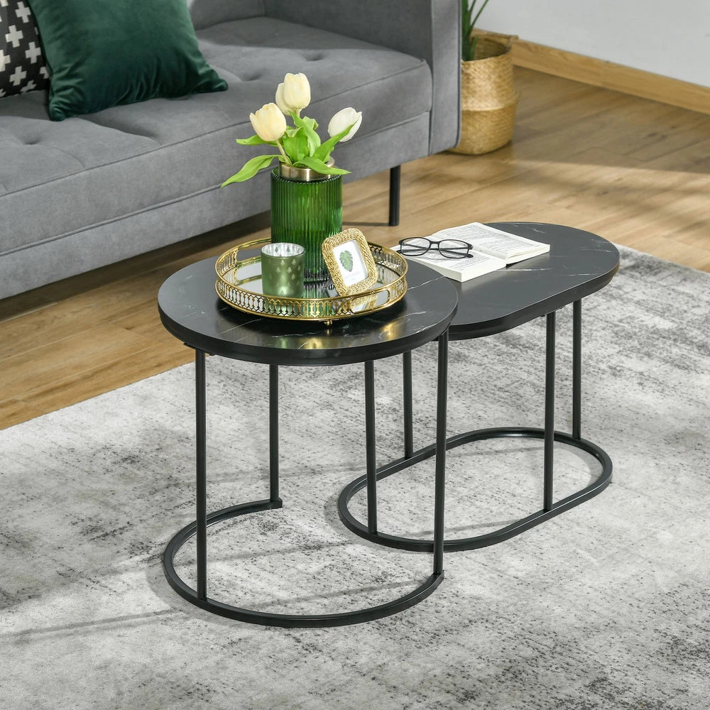 Coffee Table Set of 2 Modern Nest of Tables with Faux Marble Tabletop Black