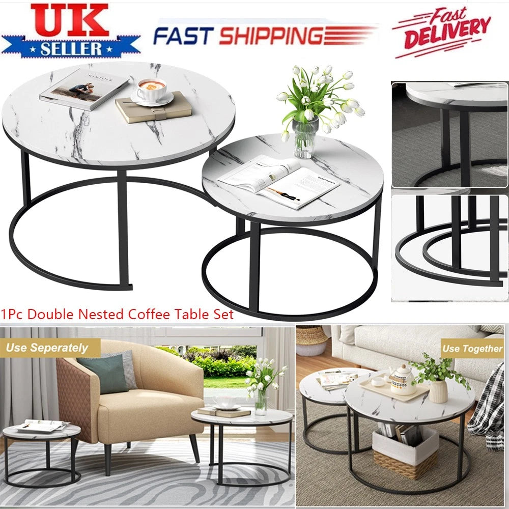 Set of 2 Nested Coffee Table Marble Effect Nesting Sofa Side Table Living Room