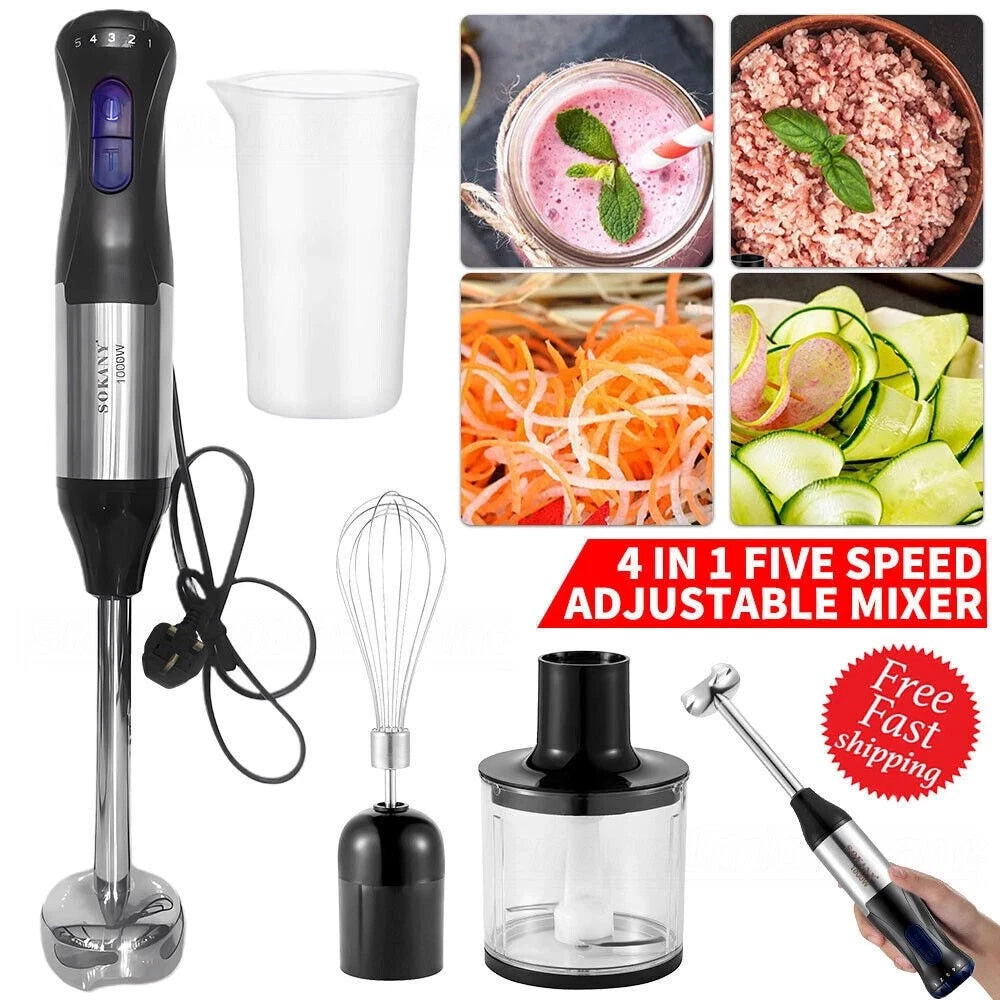 4 in 1 1000W 5 Speed Powerful Hand Held Electric Food Blender Mixer Stick UK