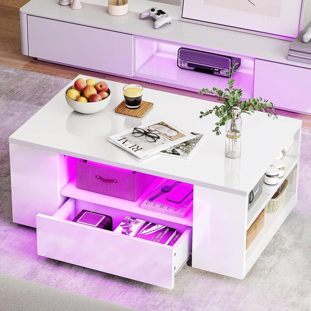 High Gloss LED Coffee Table With Storage Wooden 2 Drawer Living Room Furniture
