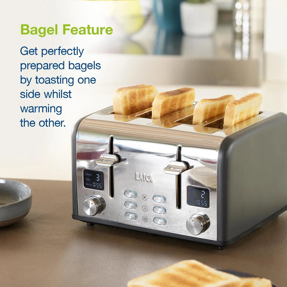 4 Slice Digital Toaster, Wide Slots, Defrost/Reheat, Browning Settings, Laica