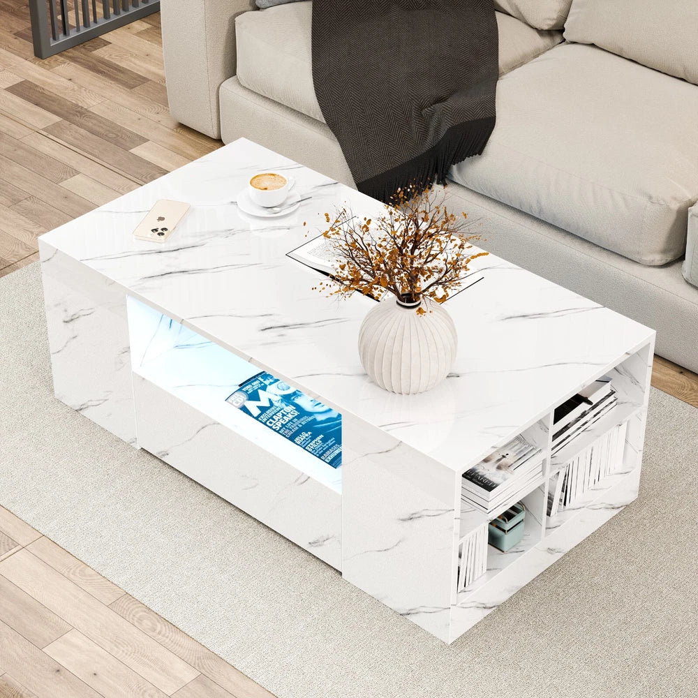 LED Coffee Table Wooden 2 Drawer Storage High Gloss Modern Living Room Furniture