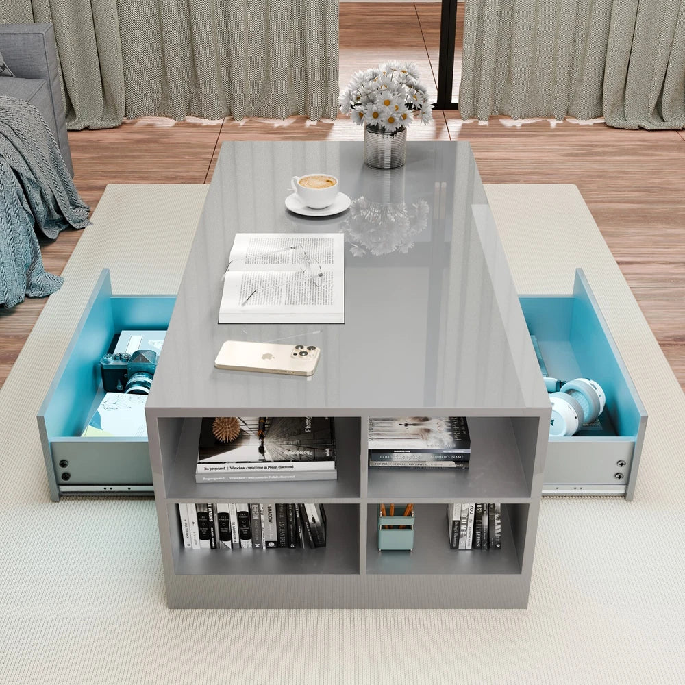 LED Coffee Table Wooden 2 Drawer Storage High Gloss Modern Living Room Furniture