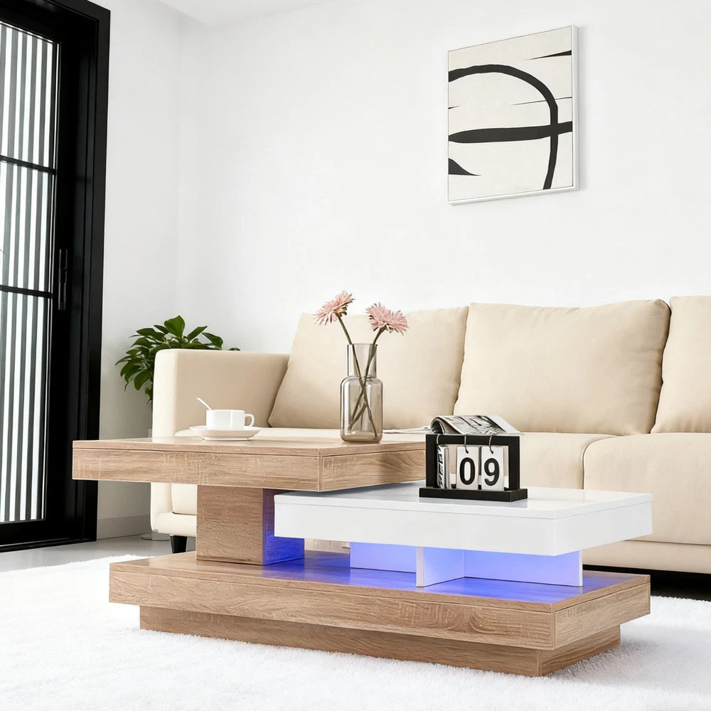 360° Rotating Coffee Table Rectangle w/LED Lights for Living Room