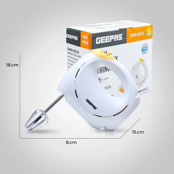 Geepas Electric Hand Food Mixer 7 Speeds & Turbo With Egg Beaters & Dough Hooks