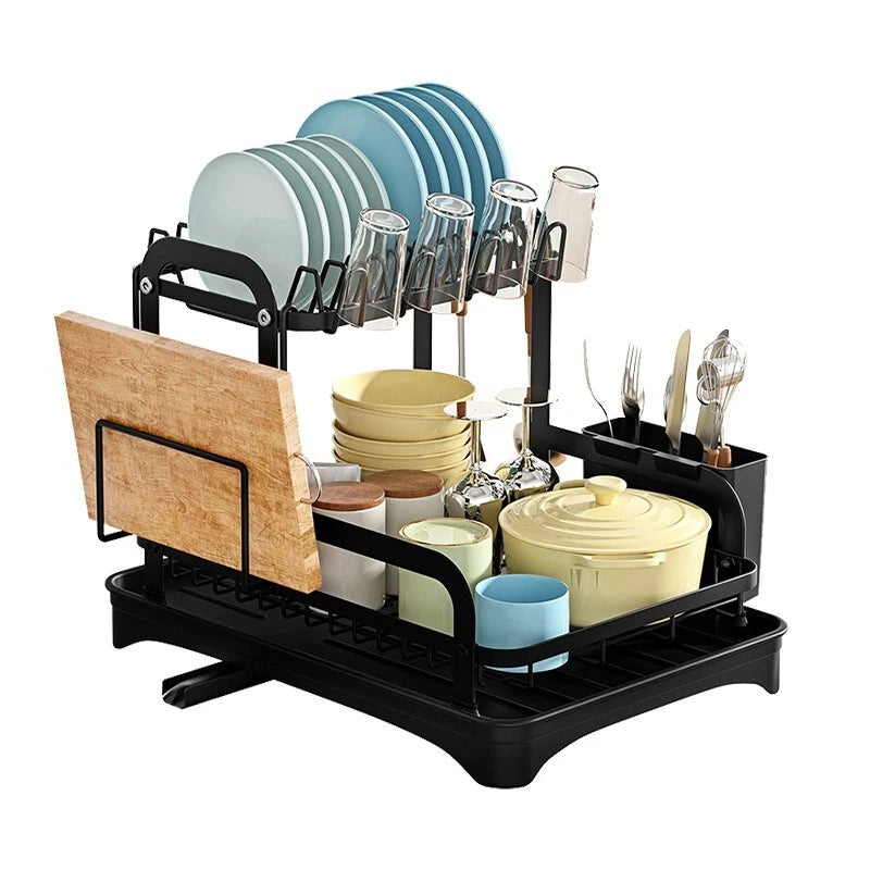 2 TIER KITCHEN SINK DISH DRAINER RACK WITH DRIP TRAY CUTLERY HOLDER PLATE RACK