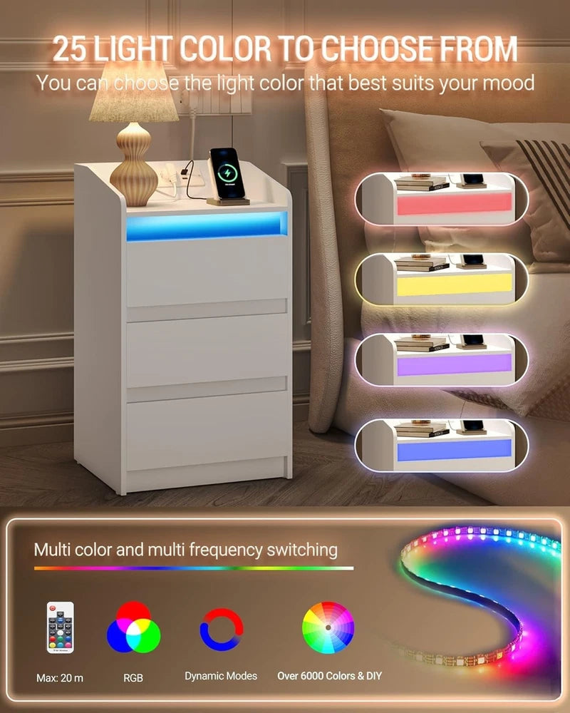 LED Bedside Table 3 Drawers Storage Cabinet Nightstand with Charging Statio