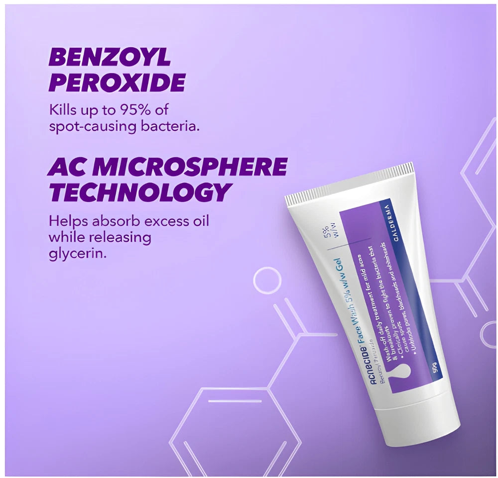 Acnecide Face Wash Gel 5%Benzoyl Peroxide Acne Treatment for Spot-Prone Skin 50g