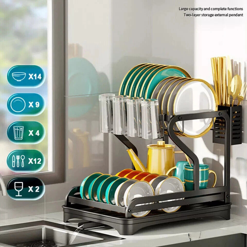2 Tier Kitchen Sink Dish Drainer Rack With Drip Tray Cutlery Holder Plate Rack